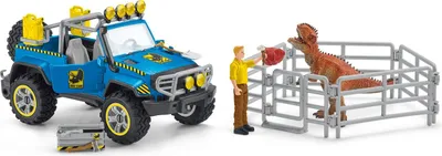 A toy dinosaur, a toy jeep, a toy figure of a person, and a toy fence are arranged on a white background.