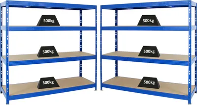 Produktbild von Mega Deal | 2x Profi Schwerlastregal Rhino | HxBxT 180x200x60cm | 4 Spanplatten-Ebenen 8mm | Fachlast 500kg | Blau