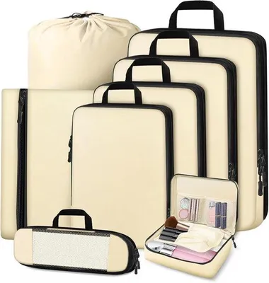 Produktbild von Famanu Kofferorganizer Set - 8-teilig - Beige - Platzsparend und langlebig