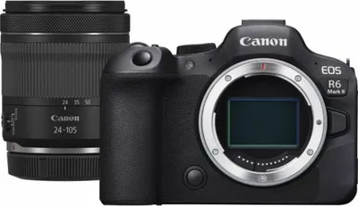 A black Canon EOS R6 Mark II camera with a black Canon RF 24-105mm lens.