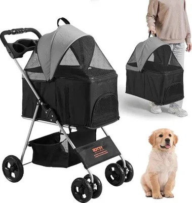 Produktbild von Famanu Hunde-Kinderwagen mit 4 Rädern und Bremsen - 35 lbs Tragfähigkeit - Schwarz
