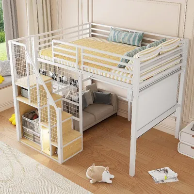 Obrázok produktu pre Vysoká posteľ 140x200 cm z kovu, biela, s rebríkom a úložným priestorom, posteľ pre mládež s odkladacou plochou a priestorom pod posteľou, vhodná do detskej izby
