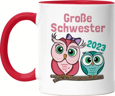 Produktbild von Große Schwester 2023 Tasse Rot Süßes Motiv Eulen Nachwuchs Schwangerschaft Geschenkidee Baby-News
