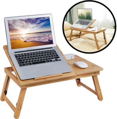 Produktbild von Laptoptisch aus Bambusholz - Höhenverstellbar, kippbar und faltbar - Nachttisch für Laptop, Buch, Tablet - Frühstück am Bett / Nachttisch - Decopatent