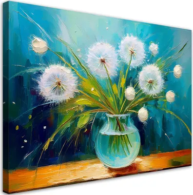Produktbild von Leinwandbild Löwenzahn in einer Vase 120x80 Feeby Blau bild für die wand bereit zum aufhängen