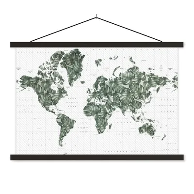 Produktbild von MuchoWow® Textilposter Weltkarte - Blätter - Tropisch 120x80 cm mit schwarzem Rahmen - Wanddeko