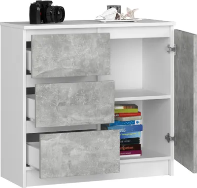 Produktbild von BDW, Kommode, 3 Schubladen, 1 Tür, Schrank, Sideboard, Weiss / Beton
