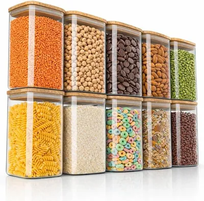 Imagen del producto de - Contenedores herméticos con tapa, capacidad de 1200 ml - Juego de 10 unidades - Contenedores de vidrio, resistentes al calor - Recipientes/frascos para almacenamiento con tapa de bambú - Herméticos - Ideales para cereales, azúcar, harina, café, arroz