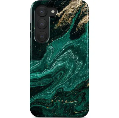 A phone case with an emerald and gold marble pattern.