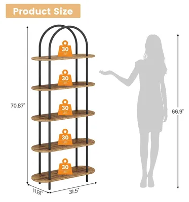 Produktbild von Modernes Bücherregal - Freistehendes 5-stöckiges Standregal - Gebogener offener Metallrahmen - MDF-Holzböden - 180 cm Höhe - Schwarz/Grau