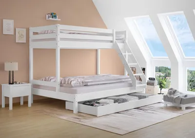 Produktbild von Doppel-Etagenbett 140x200 und 90x200 Erwachsenen-Stockbett Kiefer Massivholz weiß V-60.18W-09-14Rollrost und Bettkasten inkl.
