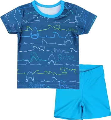 Produktbild von Aquarti Baby Jungen Bade-Set Zweiteiliger Kinder Badeanzug T-Shirt Badehose UV-Schutz, Farbe: Haie / Jeans / Blau, Größe: 110