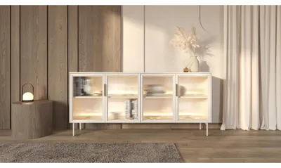 Produktbild von 180 cm breite Kommode mit 4 Glastüren LUMIN, moderne Kommode mit LED-Beleuchtung, Farbe: Kaschmir