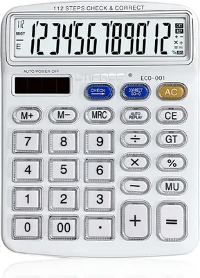 Obrázek produktu pro Stolní kalkulačka, 12místná, velká, solárně napájená a s LCD displejem, kapesní kalkulačka s velkými tlačítky, 112 kroků, kontrolní a opravná funkce, vhodná pro kancelář, školu, domácnost, děti, studenty, účetní