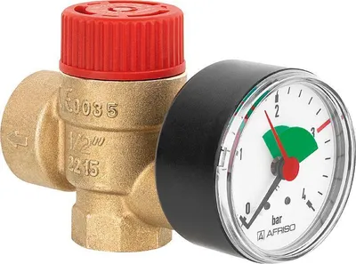 A close-up shot of a brass pressure relief valve with a red cap and a pressure gauge attached.