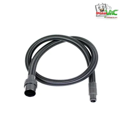 A black vacuum cleaner hose is coiled on a white background.