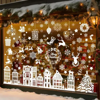 Immagine prodotto di Adesivi per finestre a tema natalizio, 10 fogli, 119 pezzi, motivo casa invernale, in PVC, riutilizzabili