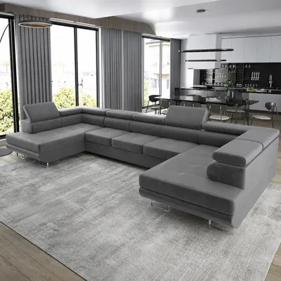 Produktbild von GOLDSTOFF ASTON U-Sofa mit Schlaffunktion und Bettkasten XXL | Ecksofa U-Form mit Komfort-Polsterung | Schlafsofa mit Stauraum (Grau)