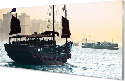 Produktbild von Glasbilder 120x60 Wandkunst Das Schiff Meer Stadthimmel