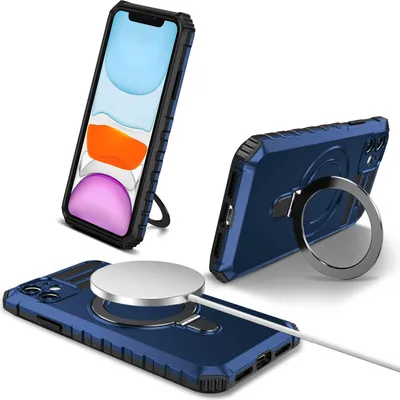 Immagine prodotto di Custodia per iPhone 11 magnetica con MagSafe, supporto per anello, supporto, custodia protettiva a doppio strato blu
