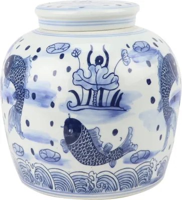 Zdjęcie produktu dla Fine Asianliving Chiński Wazon z Pokrywką Porcelana Niebieski Biały Ryba Koi Ręcznie Malowany D23xH23cm Wazon Dekoracyjny Wazon Kwiatowy Orientalny Wazon Ceramiczny Wazon Dekoracyjny Nowoczesny Wazon Dekoracyjny Na Stół