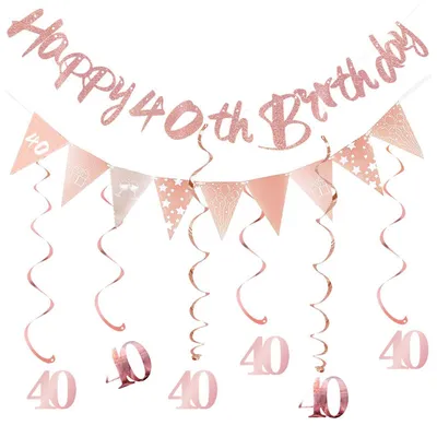 Image de Kit de décoration pour 40e anniversaire, couleur or rose : guirlande, serpentins, banderole, ensemble de 10 pièces