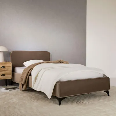 Produktbild von Polsterbett LAVORO Einzelbett 90x200, greige - Bett mit Lattenrost und Samtstoffbezug, Bettgestell mit gepolstertem Kopfteil, modernes Design, Robuster Holzrahmen & Metallbeine