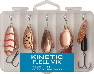 Produktbild von Kinetic Fjell Spinner Set Angelköder mit Drillingshaken und transparenter Köderbox, bleifrei