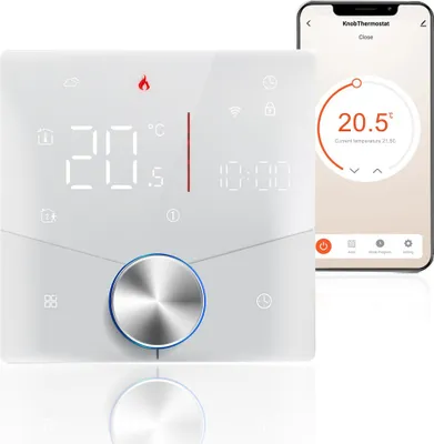Produktbild von Smart Tuya WiFi-Thermostat, Digital LED Raumthermostat Sprachsteuerung Wandthermostat für 3A Warmwasserbereitung Fußbodenheizung mit dimmbarer Lichtfarbe programmierbarer kompatibel mit Tmall Genie, Amazon Google Home,Weiß