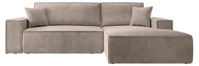 Immagine prodotto di Divano angolare letto - Tessuto a coste beige - 267 x 167 cm - Superficie letto 135 x 210 cm - Con contenitore