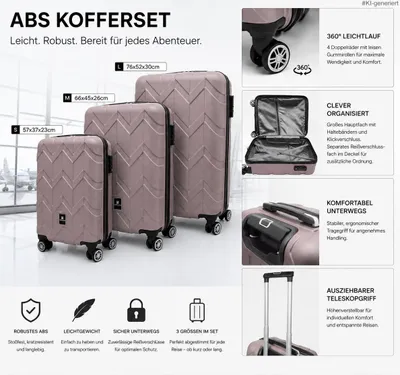 Produktbild von Kofferset 3-teilig aus ABS, Hartschalenkoffer mit 360° Doppelrollen inkl. Teleskopgriff (Rosa)