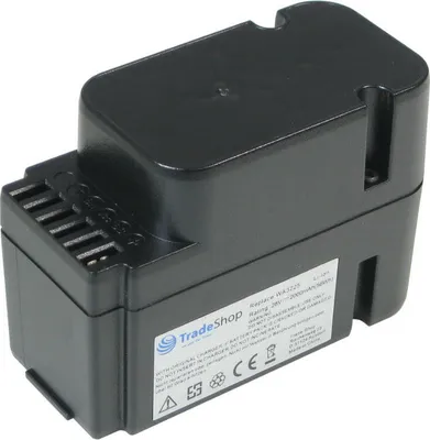 A black battery pack for a power tool, shown from a slightly elevated angle against a white background.