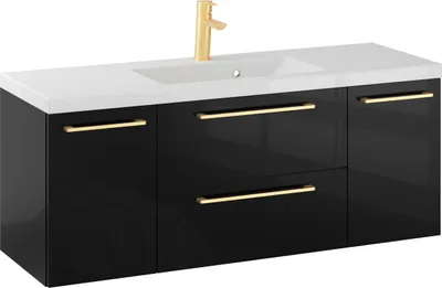 Produktbild von Rosen 120 cm Badezimmerschrank in Schwarz Hochglanz mit Waschbecken und Gold gebürstetes Griffen - Zeitloses Design für ein elegantes Bad