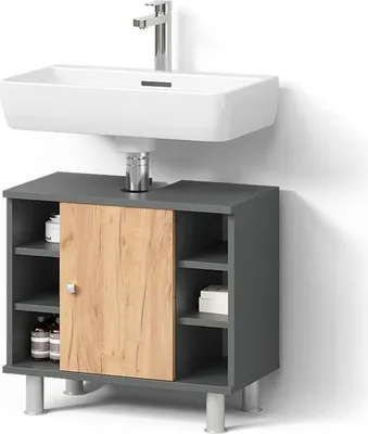 Image de Meuble sous lavabo Livinity Fucino Chêne doré/anthracite 60x54cm avec 6 étagères, Model 56251