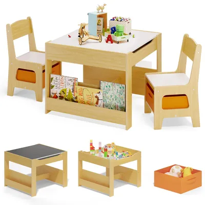 Image de BEALIFE Ensemble de table et chaises pour enfants 3 pièces TB91 | Table pour enfants avec 2 chaises, espace de rangement et tableau | Gris/naturel | Pour les 3-7 ans