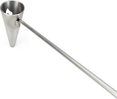 A stainless steel flambadou tool with a long handle, shown against a white background.