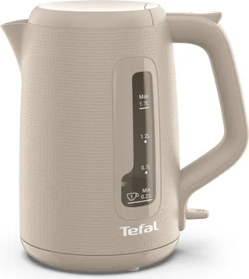 A studio shot of a beige electric kettle.