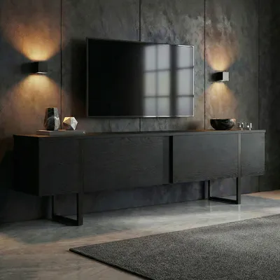 Produktbild von Skye Decor, Hochwertiger TV-Ständer, 180 x 50 x 30 cm, 100% melaminbeschichtete Spanplatte, 18 mm dick, Schwarz, Modernes & Industrielles Design für Ihr Zuhause.