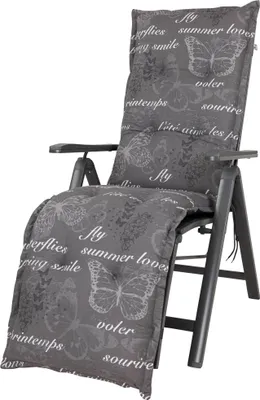A gray recliner chair cushion with a butterfly and text pattern.