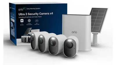 Produktbild von Arlo Ultra 3 4K-Überwachungskamera, 4er-Set mit Solarpanel, IP-Sicherheitskamera, Draußen, Verkabelt & Kabellos, 7,5 m, Amazon Alexa & Google Assistant, Dänisch, Deutsch, Niederländisch, Englisch, Spanisch, Französisch, Italienisch, Norwegisch,...