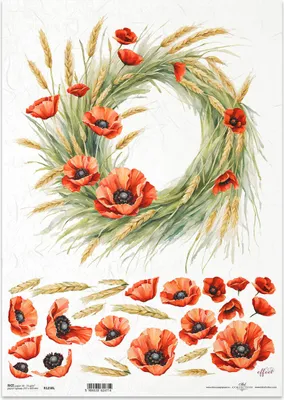 Produktbild von Reispapier Decoupage Bastelpapier für Decoupage A3 ITD-1258L Mohngirlande