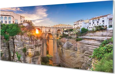 Produktbild von Glasbilder 120x60 Wandkunst Spanien Brücke Sonnenuntergang