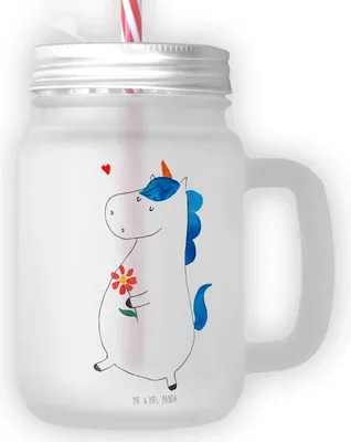 Produktbild von Mr. & Mrs. Panda Glas Einhorn Spaziergang - Transparent - Geschenk, Motivation, Trinkglas, Trinkgefäß, Blumen, Unicorn, Einhörner, dessertglas, mit deckel, Cocktailglas