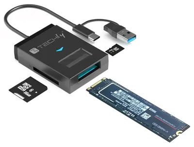 Image de Adaptateur Techly USB-A/USB-C vers NVMe/SATA M.2 avec lecteur de cartes SD/TF, noir