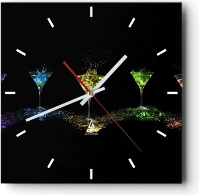 Produktbild von Wanduhr - Quadrat - Glasuhr - Cocktail trinken Alkohol Glas - 30x30cm - Schleichendes Uhrwerk - Lautlos - zum Aufhängen bereit - Dekoration Modern - Wanddekoration aus Glas - C3AC30x30-0442