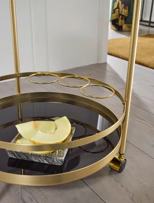 Produktbild von FineBuy Design Servierwagen Gold Rund Ø 45cm 2 Ebenen Beistelltisch auf Rollen mit Glasplatte Schwarz Speisewagen Küchenwagen Teewagen