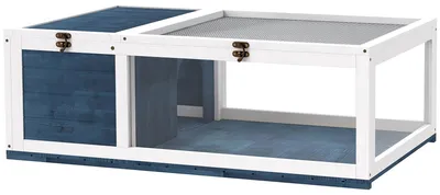 Produktbild von Schildkrötenhaus aus Holz mit | Farbe: Blau, Weiß | Abmessungen: 60,5x91x32 cm