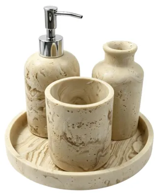 Produktbild von Badaccessoires Deko-Set 4-tlg. aus Epoxidharz , Seifenspender Zahnputzbecher Vase & Dekotablett für Waschtisch, Beige