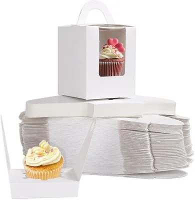Produktbild von Cupcake-Boxen, 100 Stück, einzeln verpackt, Cupcake-Box mit Fenster und Tragegriff, individuelle Cupcake-Box aus Karton für Geburtstage, Weihnachten, Festlichkeiten, weiß