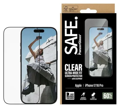 Produktbild von PanzerGlass SAFE. by ® Displayschutz iPhone 17 | 16 Pro | Ultra-Wide Fit m. EasyAligner, Apple, Apple - iPhone 17, Apple - iPhone 16 Pro, Trockene Anwendung, Kratzresistent, Schockresistent, Transparent, 1 Stück(e)